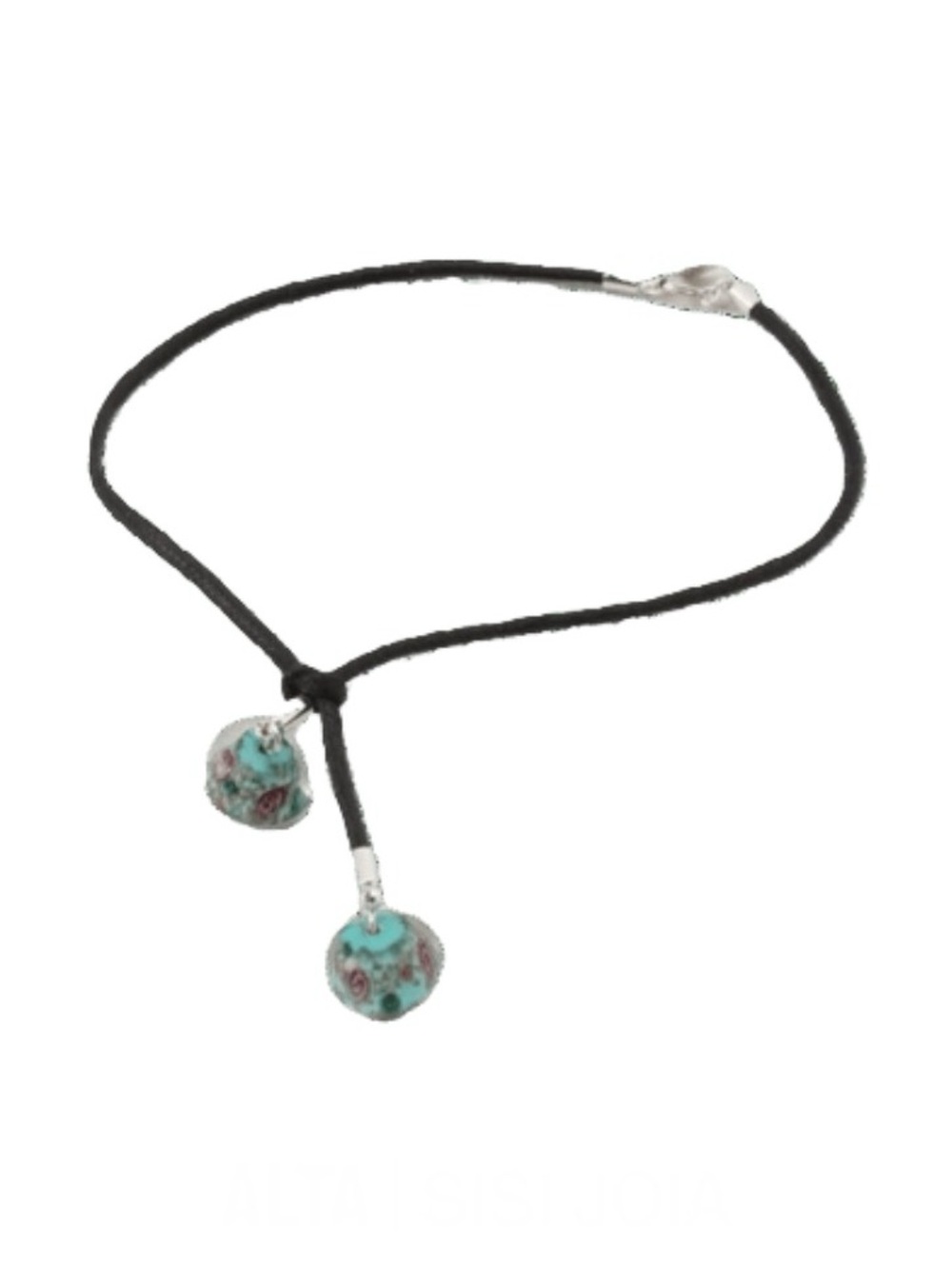 Sisi Joia Turquoise Glass Bead Knot Necklace Choker Black Silk Cord Silver clasp